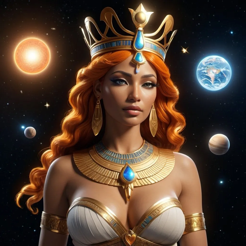 Prompt: HD 4k 3D, 8k, hyper realistic, professional modeling, ethereal Egyptian Goddess of truth, justice, order, Maat, beautiful, glowing medium skin, orange hair, mythical  clothing and jewelry, crown, Cosmos, full body, holding a heart in one hand and a feather in the other, stars, planets, Fantasy setting, surrounded by ambient divine glow, detailed, elegant, surreal dramatic lighting, majestic, goddesslike aura, octane render