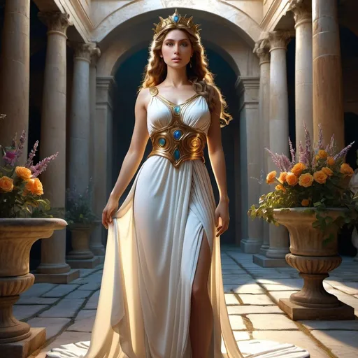 Prompt: HD 4k 3D 8k professional modeling photo hyper realistic beautiful woman Roman Princess ethereal greek goddess gorgeous face full body surrounded by ambient glow, enchanted, magical, detailed, highly realistic woman, high fantasy background, Ancient Roman courtyard colorful florals, elegant, mythical, surreal lighting, majestic, goddesslike aura, Annie Leibovitz style 

