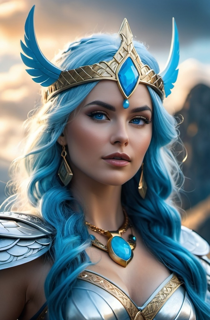 Prompt: Nanna Norse Goddess of daring, hyper realistic, HD 4k 3D, professional modeling, ethereal, bright blue hair, mixed skin, gorgeous face, gorgeous jewelry and tiara, powerful warrior Valkyrie in clouds, ambient divine glow, detailed and intricate, elegant, ethereal, mythical, goddess, radiant lighting, majestic, goddesslike aura, Norse Viking Mythology