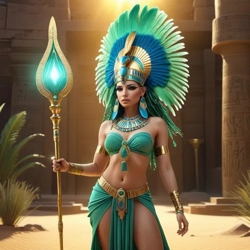 Prompt: HD 4k 3D, 8k, hyper realistic, professional modeling, ethereal Egyptian Goddess Amuket, gorgeous glowing light skin, green hair, goddess clothing and jewelry, headdress of ostrich feathers, full body, carrying a sceptre, riding a gazelle, magical landscape, surrounded by ambient divine glow, detailed, elegant, mythical, surreal dramatic lighting, majestic, goddesslike aura