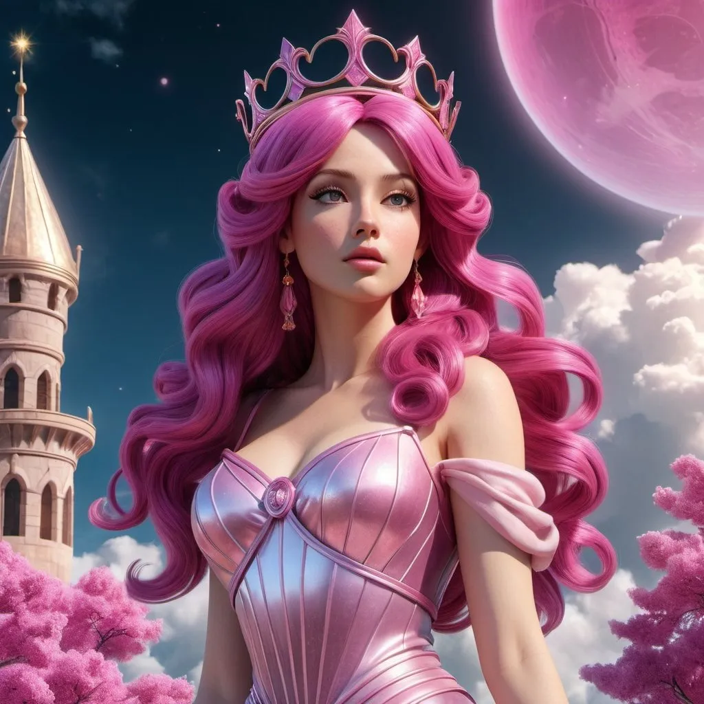 Prompt: HD 4k 3D, hyper realistic, professional modeling, enchanted magenta-haired Princess - Bubblegum, beautiful, magical, kind, castle in the clouds, detailed, elegant, ethereal, mythical, Greek goddess, surreal lighting, majestic, goddesslike aura