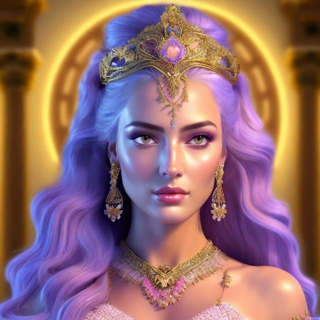 Prompt: HD 4k 3D, hyper realistic, professional modeling, ethereal Greek goddess of banquets, pink ombre hair, mixed skin, embroidered robes, gorgeous face, regal jewelry and diadem, full body, ambient glow, goddess at royal banquet, scales of justice, detailed, elegant, ethereal, mythical, Greek, goddess, surreal lighting, majestic, goddesslike aura