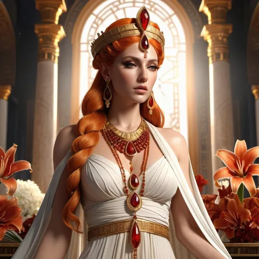 Prompt: HD 4k 3D, 8k, hyper realistic, professional modeling, ethereal Greek Goddess Queen of Thebes, orange hair, ivory skin, gorgeous glowing face, priestess dress, red gemstone jewelry and diadem,= oracle, palace, amaryllis flowers, surrounded by ambient divinity glow, detailed, elegant, mythical, surreal dramatic lighting, majestic, goddesslike aura