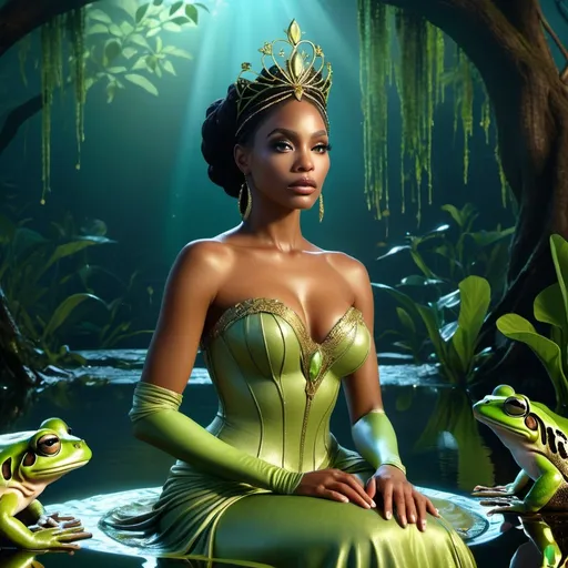 Prompt: HD 4k 3D, hyper realistic, professional modeling, enchanted black voodoo Princess - Tiana, beautiful, magical, detailed, highly realistic woman, high fantasy background, bayou, frog pond, elegant, ethereal, mythical, Greek goddess, surreal lighting, majestic, goddesslike aura, Annie Leibovitz style 