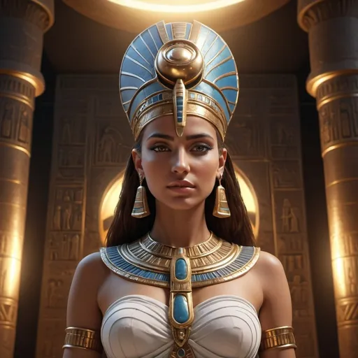 Prompt: HD 4k 3D, 8k, hyper realistic, professional modeling, ethereal Egyptian Queen Goddess Hathor, beautiful, glowing medium skin, brown hair, mythical clothing and jewelry, diadem, Goddess of the Sky, full body, powerful and vengeful, Fantasy setting, surrounded by ambient divine glow, detailed, elegant, surreal dramatic lighting, majestic, goddesslike aura, octane render