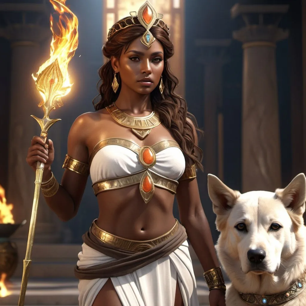 Prompt: HD 4k 3D, hyper realistic, professional modeling, ethereal Greek Goddess of Tracking, bright brown hair, dark skin, gorgeous face,  grecian female warrior, fire opal jewelry and tiara, full body, eternal bounty hunter and tracker, wild, dog companion, weapons, detailed, elegant, ethereal, mythical, Greek, goddess, surreal lighting, majestic, goddesslike aura