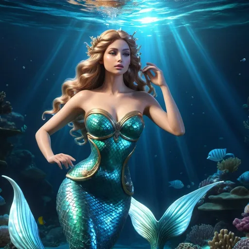 Prompt: HD 4k 3D, hyper realistic, professional modeling, ethereal Mermaid Princess beautiful, magical, underwater fantasy ocean, detailed, elegant, ethereal, mythical, Greek goddess, surreal lighting, majestic, goddesslike aura
