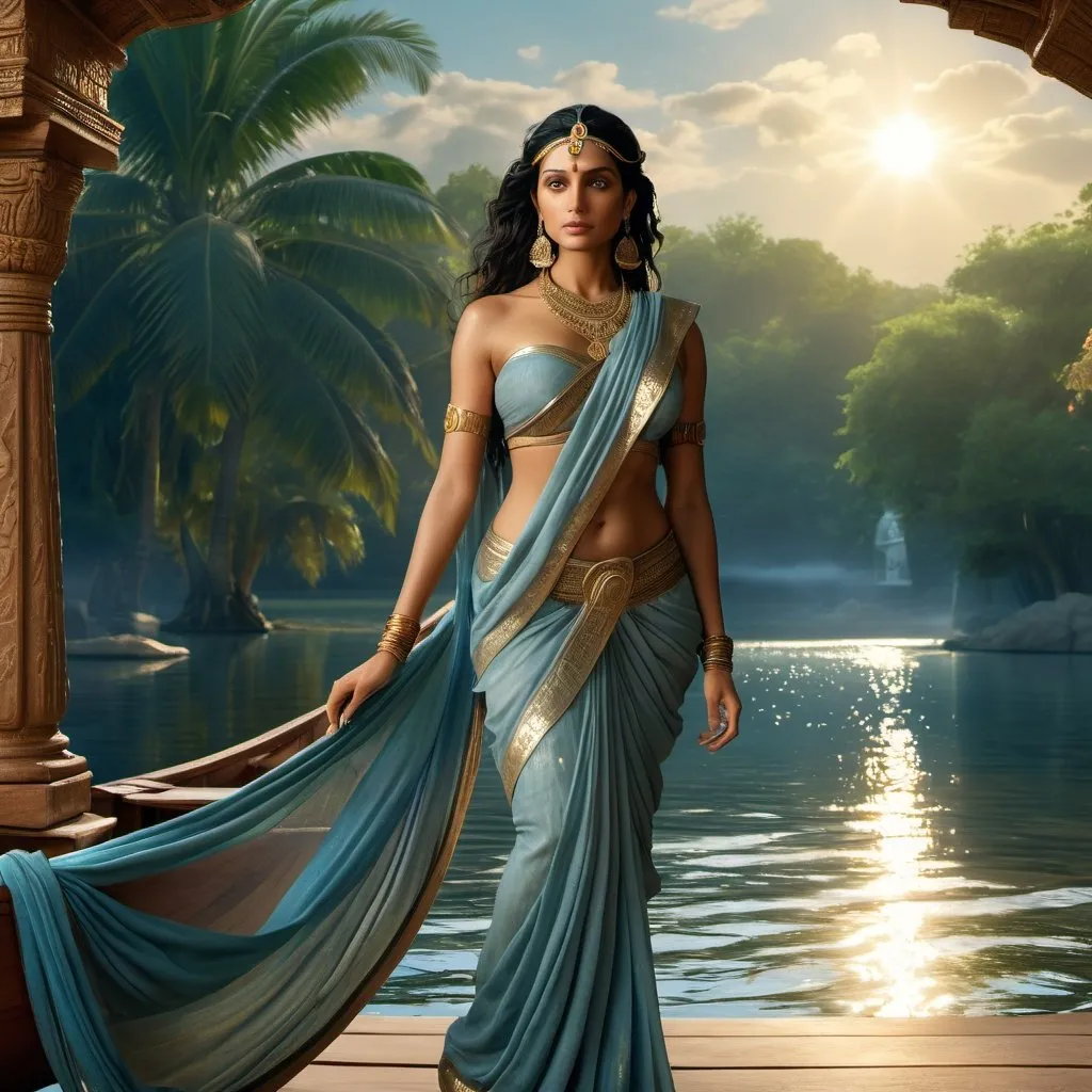 Prompt: HD 4k 3D 8k professional modeling photo hyper realistic beautiful woman enchanted Indian Princess Aouda, ethereal greek goddess, full body surrounded by ambient glow, magical, highly detailed, intricate, beautiful wearing a sari, boat on indian river, sorceress, ancient indian temples, outdoor landscape, highly realistic woman, high fantasy background, elegant, mythical, surreal lighting, majestic, goddesslike aura, Annie Leibovitz style 

