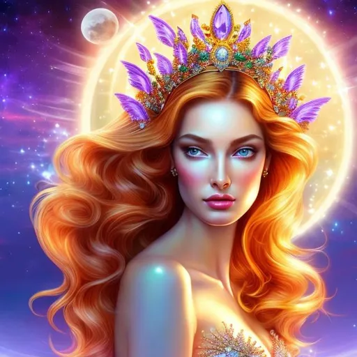 Prompt: HD 4k 3D, hyper realistic, professional modeling, ethereal Greek goddess of brightness, bright red hair, gorgeous face, fair skin, gorgeous bright shiny gown,  jewelry and diadem, fairy wings, full body, ambient glow, cosmic moon and sun bright in background, dazzling light, landscape, detailed, elegant, ethereal, mythical, Greek, goddess, surreal lighting, majestic, goddesslike aura