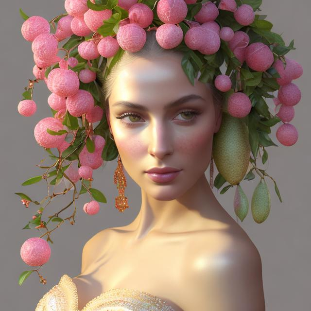 Prompt: HD 4k 3D, hyper realistic, professional modeling, ethereal  Greek goddess of fruit trees, black hair, pale freckled skin, gorgeous face, gorgeous fruit tree dress, tree jewelry and fruit diadem, full body, ambient glow, fruit tree nymph next to river, landscape, detailed, elegant, ethereal, mythical, Greek, goddess, surreal lighting, majestic, goddesslike aura