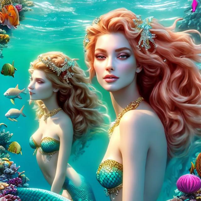 Prompt: HD 4k 3D 8k professional modeling photo hyper realistic beautiful group of women ethereal greek goddesses sea nymphs mermaids
gorgeous faces coral  jewelry coral headpieces white and gold mermaid tails and top full body surrounded by ambient glow hd landscape under the sea
