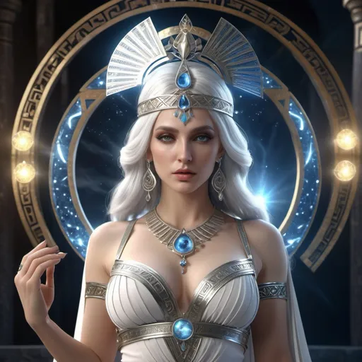 Prompt: HD 4k 3D, hyper realistic, professional modeling, ethereal Greek Muse of Mind Charming, Silver hair, white skin, gorgeous face, embellished sorceress dress, magical jewelry and headpiece, full body, psychic, fortune teller, cobra, mystic, detailed, elegant, ethereal, mythical, Greek, goddess, surreal lighting, majestic, goddesslike aura