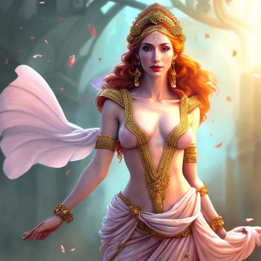 Prompt: HD 4k 3D, hyper realistic, professional modeling, ethereal Greek warrior goddess, pink and red hair, pale skin, gorgeous face, gorgeous peasant gown, modest jewelry and headband, full body, ambient glow, agriculture goddess, standing in front of flour mills, detailed, elegant, ethereal, mythical, Greek, goddess, surreal lighting, majestic, goddesslike aura