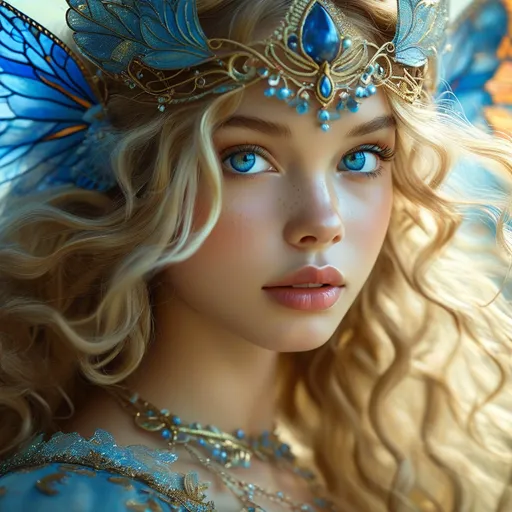 Prompt: The Blue Fairy,  Italy Fairytale, blue fairy clothing and wings and wand, pre-Raphaelite time-lapse motion blur, High resolution, detailed portrait, ethereal atmosphere,  blonde flowing hair, olive skin, Italian features, captivating eyes, cosmic mystical aura, vibrant colors, soft lighting, professional, digital painting, enchanting presence, fantasy, dreamy, female, mystical, detailed hair, captivating gaze, professional lighting, hyper realistic, HD 4k 3D, professional modeling, ethereal, gorgeous face, ambient divine glow, detailed and intricate, elegant, ethereal, mythical, goddess, radiant lighting,