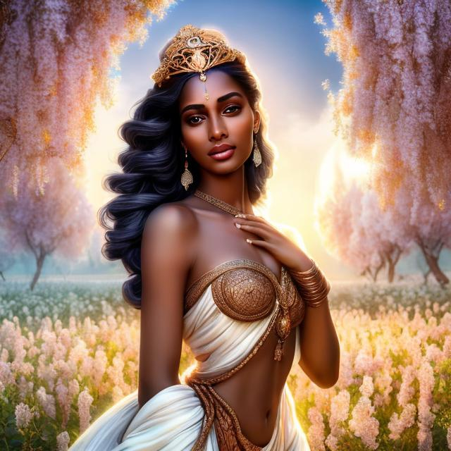 Prompt: HD 4k 3D, hyper realistic, professional modeling, ethereal  Greek goddess of poplar trees, white hair, dark skin, gorgeous face, gorgeous tree dress, copper jewelry and diadem, full body, ambient radiant glow, shepherd of cows in orchard, landscape, detailed, elegant, ethereal, mythical, Greek, goddess, surreal lighting, majestic, goddesslike aura