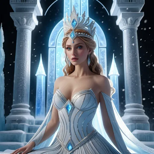 Prompt: HD 4k 3D, hyper realistic, professional modeling, enchanted Snow Princess, beautiful, magical, sorceress, ice castle, detailed, elegant, ethereal, mythical, Greek goddess, surreal lighting, majestic, goddesslike aura