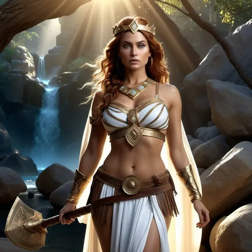 Prompt: HD 4k 3D 8k professional modeling photo hyper realistic beautiful woman enchanted barbarian Princess Yasimina, ethereal greek goddess, full body surrounded by ambient glow, magical, highly detailed, intricate, outdoor landscape, highly realistic woman, high fantasy background, elegant, mythical, surreal lighting, majestic, goddesslike aura, Annie Leibovitz style 

