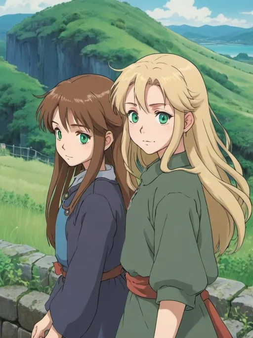 Prompt: 2d studio ghibli anime style, long brown-haired woman with blue eyes, long blonde-haired woman with green eyes, anime scenery