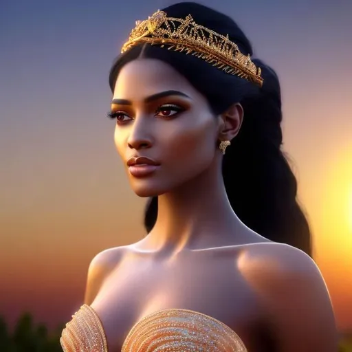 Prompt: HD 4k 3D, hyper realistic, professional modeling, ethereal Greek goddess of sunset, soft white hair, black skin, gorgeous face, pinkish red evening gown, elegant jewelry and tiara, full body, soft ambient glow of sunset on the horizon, alluring goddess, evening sky, sun setting in the sky, detailed, elegant, ethereal, mythical, Greek, goddess, surreal lighting, majestic, goddesslike aura