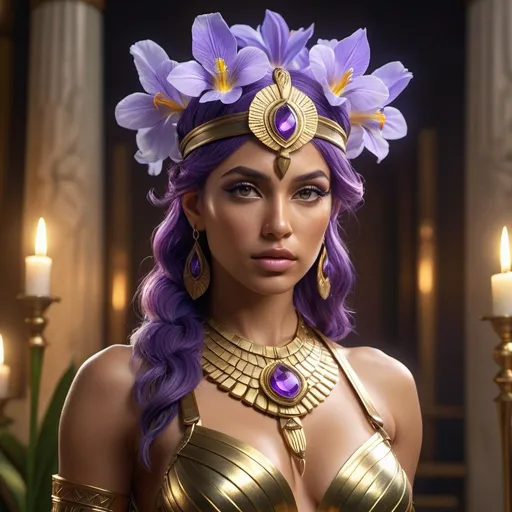 Prompt: HD 4k 3D, 8k, hyper realistic, professional modeling, ethereal Greek Goddess and Amazonian Warrior, purple hair, tan skin, gorgeous glowing face, Amazonian Warrior armor, beryl jewelry and headband, Amazon warrior, full body, adorned with iris flowers, skilled and courageous, surrounded by ambient divine glow, detailed, elegant, mythical, surreal dramatic lighting, majestic, goddesslike aura