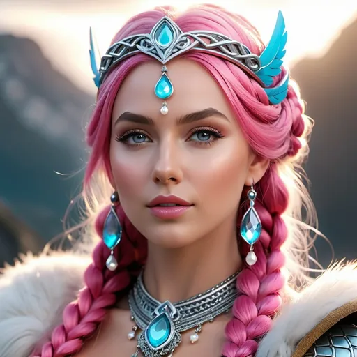 Prompt: Idis Norse Goddess of Respect and Dignity, hyper realistic, HD 4k 3D, professional modeling, ethereal, bright pink bubble braid hair, beige skin, gorgeous face, gorgeous jewelry and tiara, Valkyrie warrior maiden, ambient divine glow, detailed, elegant, ethereal, mythical, goddess, radiant lighting, majestic, goddesslike aura, Norse Viking Mythology