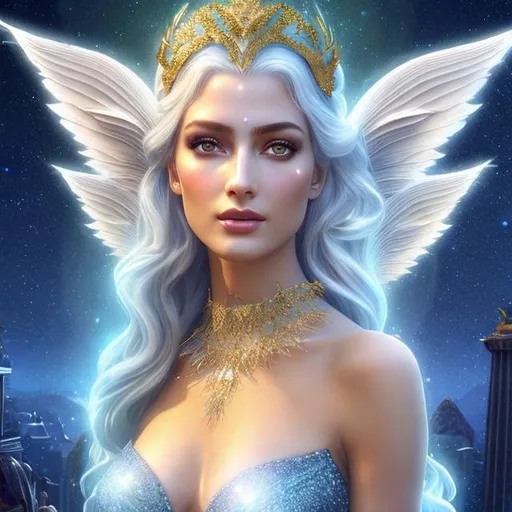Prompt: HD 4k 3D, hyper realistic, professional modeling, ethereal Greek goddess of the stars, silver hair, pale skin, gorgeous face, gorgeous sparkling gown, sparkling jewelry and headpiece of stars, pixie wings, full body, ambient starlight glow,  background does with golden horns, dazzling light, landscape, detailed, elegant, ethereal, mythical, Greek, goddess, surreal lighting, majestic, goddesslike aura