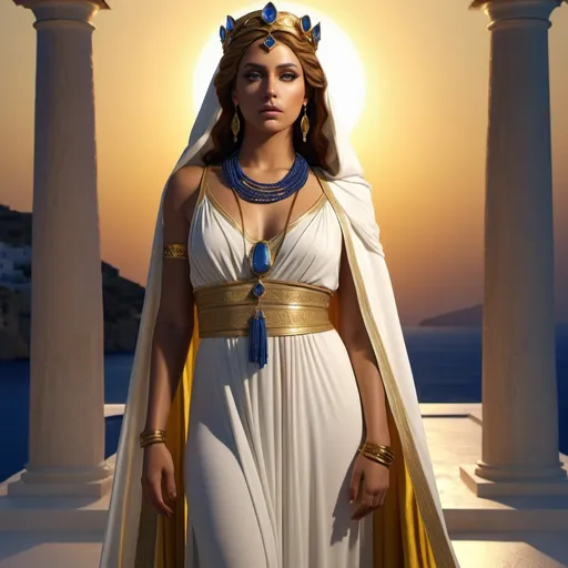 Prompt: HD 4k 3D, hyper realistic, professional modeling, ethereal Greek Muse of Sacred Poetry, dark yellow hair, brown skin, gorgeous face, grecian priestess dress with cloak and veil, sapphire jewelry and tiara, full body, serious, pensive, near a well at dusk, oracle,  detailed, elegant, ethereal, mythical, Greek, goddess, surreal lighting, majestic, goddesslike aura
