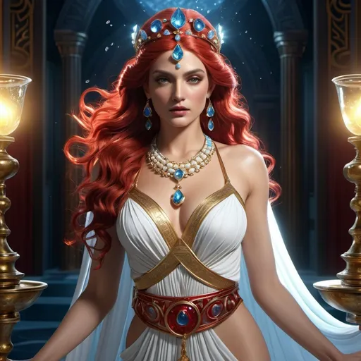 Prompt: HD 4k 3D, 8k, hyper realistic, professional modeling, ethereal Greek Goddess and Theban Oracle, red topsy tail hair, white skin, gorgeous glowing face, priestess gown, spinel jewelry and tiara, magical seer, spring of water by osteospermum flowers, fortune teller and diviner, surrounded by ambient divinity glow, detailed, elegant, mythical, surreal dramatic lighting, majestic, goddesslike aura