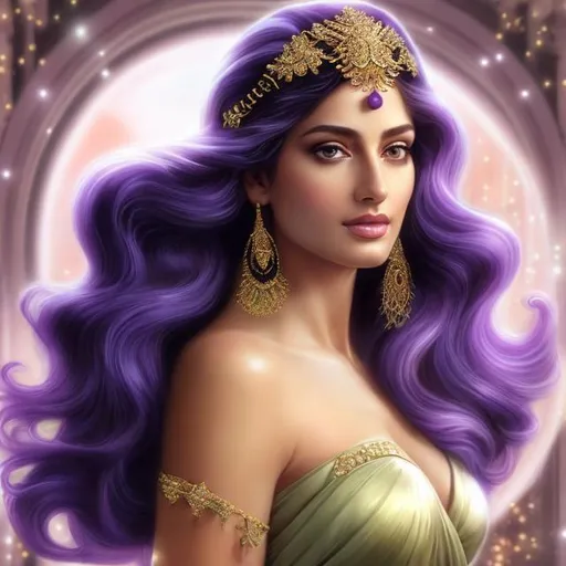 Prompt: HD 4k 3D, hyper realistic, professional modeling, ethereal Greek goddess of good cheer and happiness, purple hair, olive skin, dancing gown, gorgeous face, party jewelry and diadem, full body, ambient glow, joyful, merry, mirth, Spring background, detailed, elegant, ethereal, mythical, Greek, goddess, surreal lighting, majestic, goddesslike aura