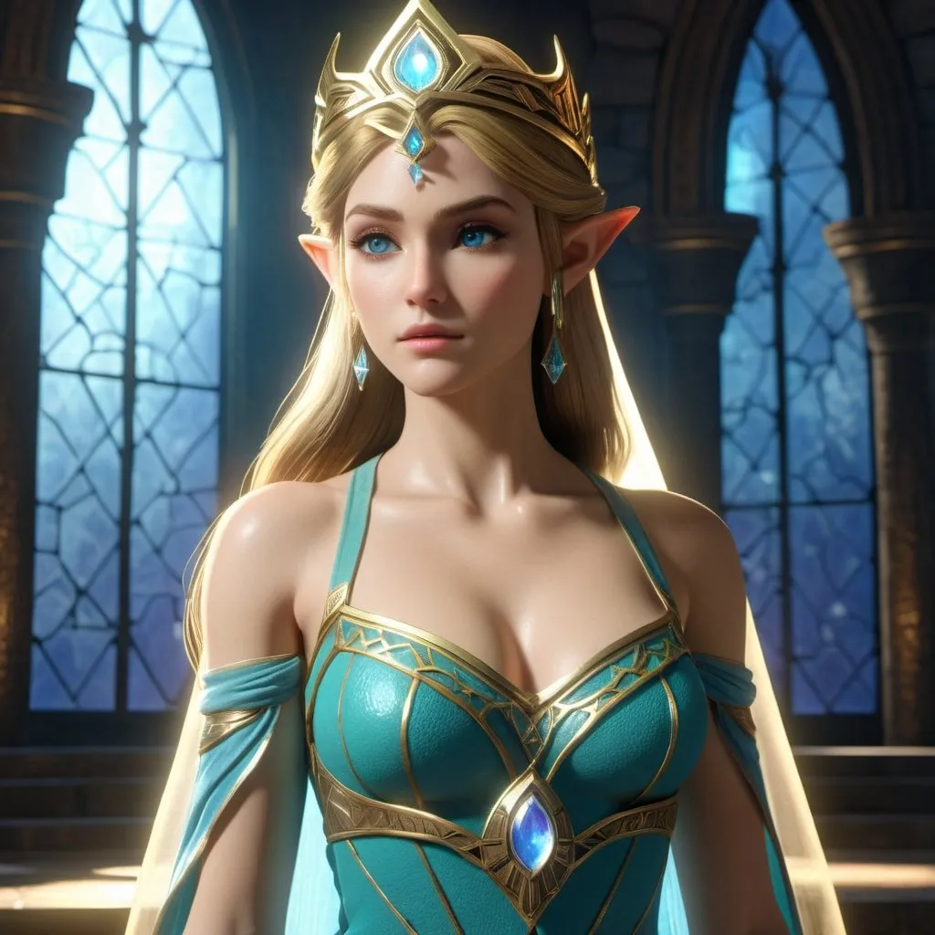 Prompt: HD 4k 3D, hyper realistic, professional modeling, enchanted Elf Princess - Zelda, beautiful, magical, mystical castle, detailed, elegant, ethereal, mythical, Greek goddess, surreal lighting, majestic, goddesslike aura