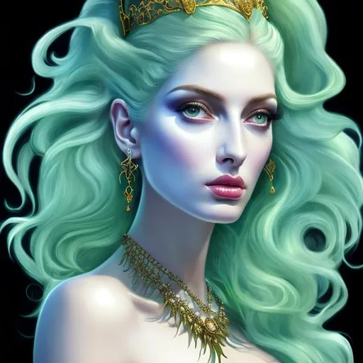 Prompt: HD 4k 3D, hyper realistic, professional modeling, ethereal Greek demon goddess of shape shifting, green hair, pale skin, ghostly gown, gorgeous face, brass jewelry and crown, full body, ambient ghostly glow, half donkey body, spectral, detailed, elegant, ethereal, mythical, Greek, goddess, surreal lighting, majestic, goddesslike aura