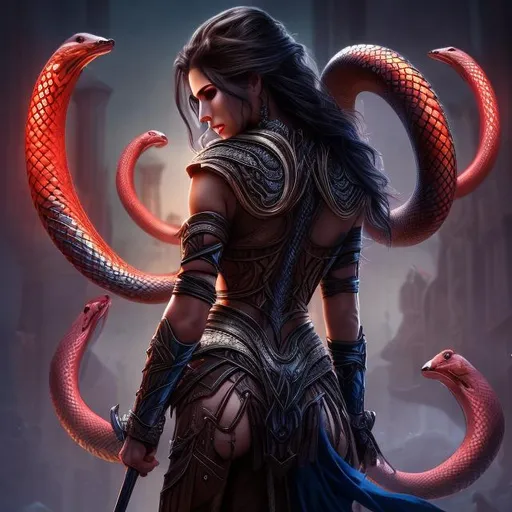 Prompt: HD 4k 3D 8k professional modeling photo hyper realistic beautiful woman ethereal greek fury avenger of homicide
dark blue snakes for hair dark eyes pale brown skin gorgeous face fierce greek warrior bloody wet red robe blue serpent around her waist gothic jewelry large bat wings surrounded by ambient glow hd landscape dark spooky underworld river

