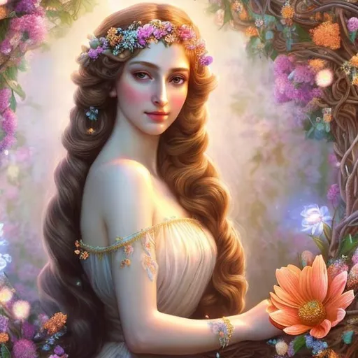 Prompt: HD 4k 3D, hyper realistic, professional modeling, ethereal Greek goddess of spring flowers, red and orange milkmaid braids, pale skin, floral embroidered gown, gorgeous face, floral jewelry and headband, full body, ambient glow, beautiful goddess surrounded by flowers in spring, flower and springtime,  detailed, elegant, ethereal, mythical, Greek, goddess, surreal lighting, majestic, goddesslike aura