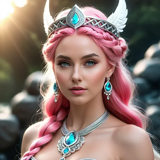 Prompt: Idis Norse Goddess of Respect and Dignity, hyper realistic, HD 4k 3D, professional modeling, ethereal, bright pink bubble braid hair, beige skin, gorgeous face, gorgeous jewelry and tiara, Valkyrie warrior maiden, ambient divine glow, detailed, elegant, ethereal, mythical, goddess, radiant lighting, majestic, goddesslike aura, Norse Viking Mythology