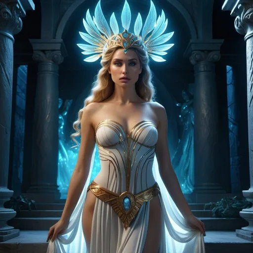 Prompt: HD 4k 3D 8k professional modeling photo hyper realistic beautiful woman Underworld Princess, ethereal greek goddess gorgeous face full body surrounded by ambient glow, enchanted, magical, detailed, highly realistic woman, high fantasy background, Yggdrasil paradise, elegant, mythical, surreal lighting, majestic, goddesslike aura, Annie Leibovitz style 

