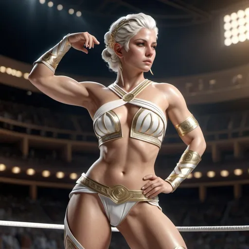 Prompt: HD 4k 3D, hyper realistic, professional modeling, ethereal Greek Goddess of Wrestling, short white hair, fair skin, gorgeous face,  grecian warrior armor, agate jewelry and headpiece, full body, athletic, olympian, muscular, in olympic forum, detailed, elegant, ethereal, mythical, Greek, goddess, surreal lighting, majestic, goddesslike aura