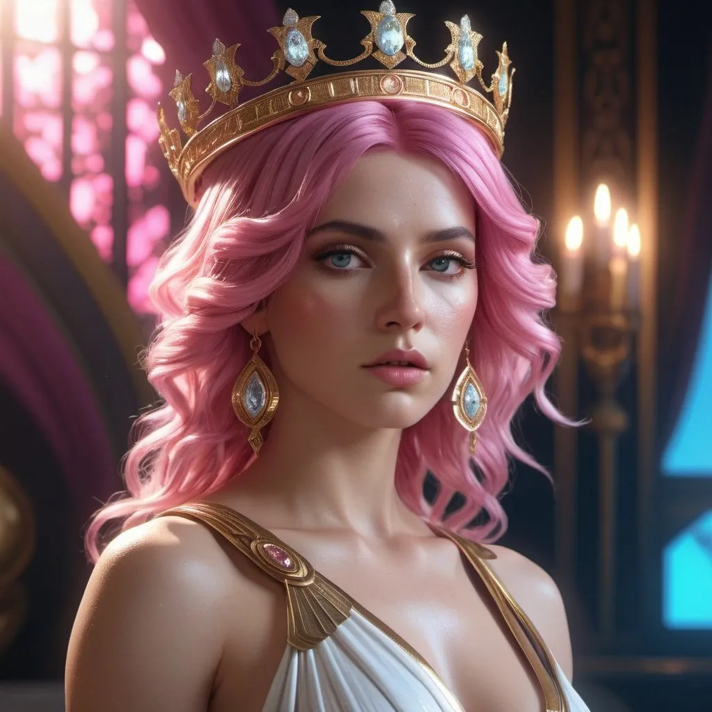 Prompt: HD 4k 3D, 8k, hyper realistic, professional modeling, ethereal Greek Goddess Caeneus, pink hair, fair skin, gorgeous glowing face, androgynous outfit, diamond gemstone jewelry and crown, heroine, powerful, surrounded by ambient divinity glow, detailed, elegant, mythical, surreal dramatic lighting, majestic, goddesslike aura