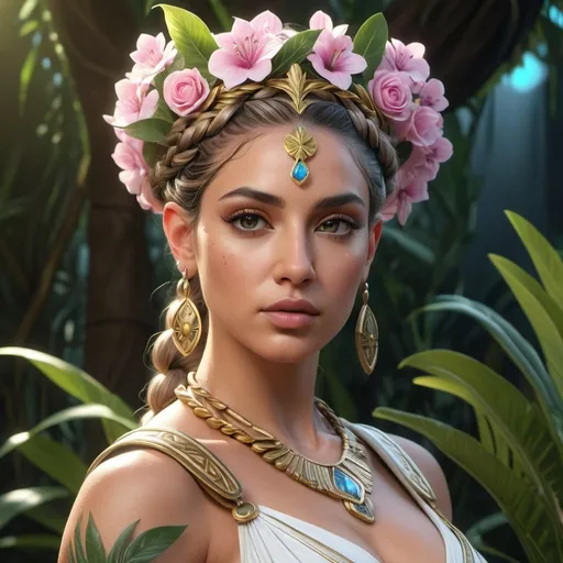 Prompt: HD 4k 3D, 8k, hyper realistic, professional modeling, ethereal Greek Goddess and Amazonian Queen, pink milkmaid braid hair, olive skin, gorgeous glowing face, Amazonian Warrior plant armor, white jewelry and crown, Amazon warrior, tattoos, full body, Oasis, paradise, surrounded by ambient divine glow, detailed, elegant, mythical, surreal dramatic lighting, majestic, goddesslike aura