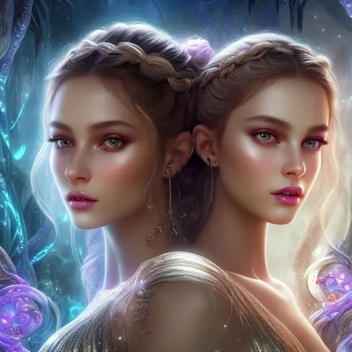 Prompt: HD 4k 3D 8k professional modeling photo hyper realistic two beautiful infernal twin nymphs women ethereal greek goddesses of the underworld
silver braided buns hair light eyes glittery pale skin gorgeous face mystical dress magical jewelry pixie wings carrying torches surrounded by mystical ambient glow hd landscape haunted underworld with sprites and glowing lights magic
