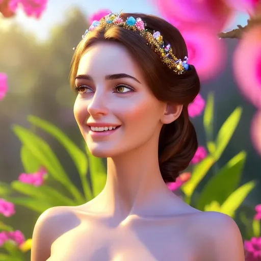 Prompt: HD 4k 3D 8k professional modeling photo hyper realistic beautiful young woman ethereal greek goddess of friendliness and kindness
red pigtail hair blue eyes gorgeous face dark skin shiny bright dress bright jewelry springtime tiara full body surrounded by ambient glow hd landscape background she is smiling in the sunny springtime greek countryside with bright flowers and fauna
