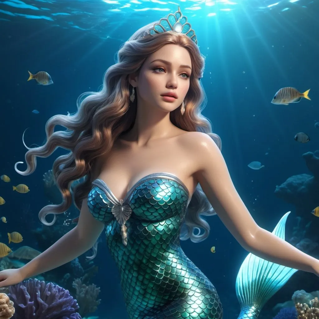 Prompt: HD 4k 3D, hyper realistic, professional modeling, ethereal Mermaid Princess beautiful, magical, underwater fantasy ocean, detailed, elegant, ethereal, mythical, Greek goddess, surreal lighting, majestic, goddesslike aura