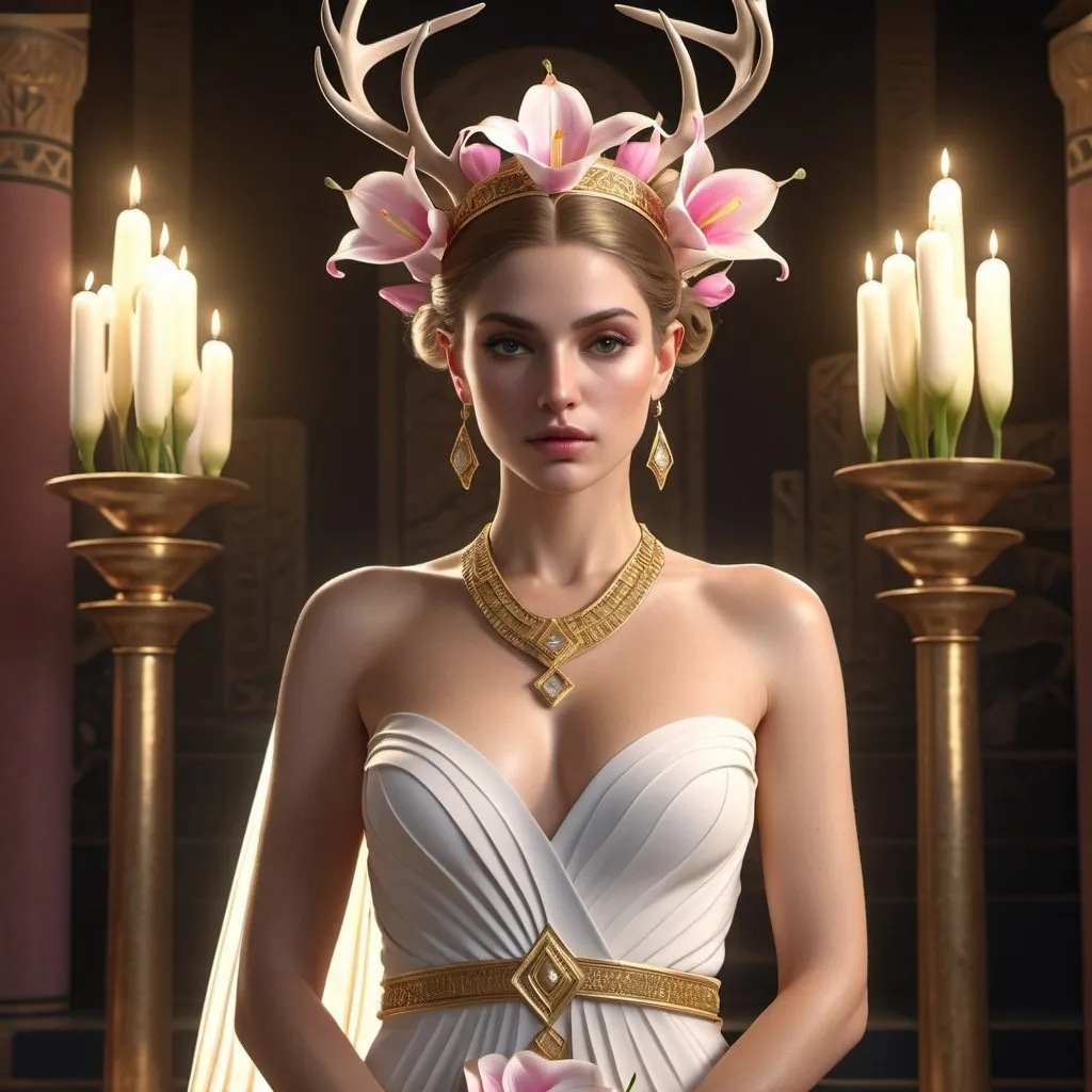 Prompt: HD 4k 3D, 8k, hyper realistic, professional modeling, ethereal Greek Goddess Princess of Mycenae, pink pulled back hair, pale skin, gorgeous glowing face, ornamental bridal dress, white gemstone jewelry and headband, strong, altar with calla lilies, standing next to stag deer, surrounded by ambient divinity glow, detailed, elegant, mythical, surreal dramatic lighting, majestic, goddesslike aura