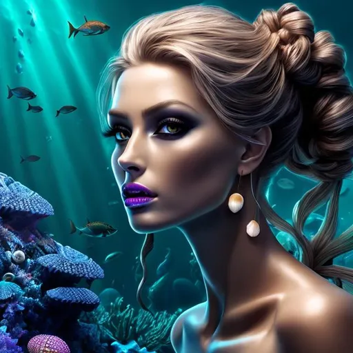 Prompt: HD 4k 3D 8k professional modeling photo hyper realistic beautiful evil woman ethereal greek goddess sea witch mermaid
gold dutch braided hair dark eyes gorgeous face dark seashell jewelry dark seashell tiara dark mermaid tail full body surrounded by ambient glow hd landscape dark magic underwater abyss sea monsters
