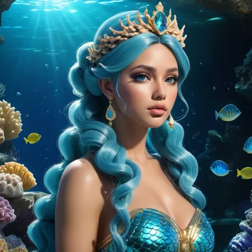 Prompt: HD 4k 3D, hyper realistic, professional modeling, ethereal Greek Goddess and Mermaid Princess, blue double ponytail hair, mixed skin, gorgeous face, beautiful mermaid, fluorite jewelry and coral crown, full body, sea nymph, Mediterranean ocean grotto , divine glow, detailed, elegant, ethereal, mythical, Greek, goddess, surreal lighting, majestic, goddesslike aura