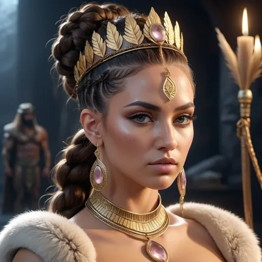 Prompt: HD 4k 3D, 8k, hyper realistic, professional modeling, ethereal Greek Goddess and Amazonian Warrior, brown braided bun hair, beige skin, gorgeous glowing face, Amazonian Warrior fur armor, kunzite jewelry and crown, Amazon warrior, tattoos, full body, courageous, arctic tundra, surrounded by ambient divine glow, detailed, elegant, mythical, surreal dramatic lighting, majestic, goddesslike aura