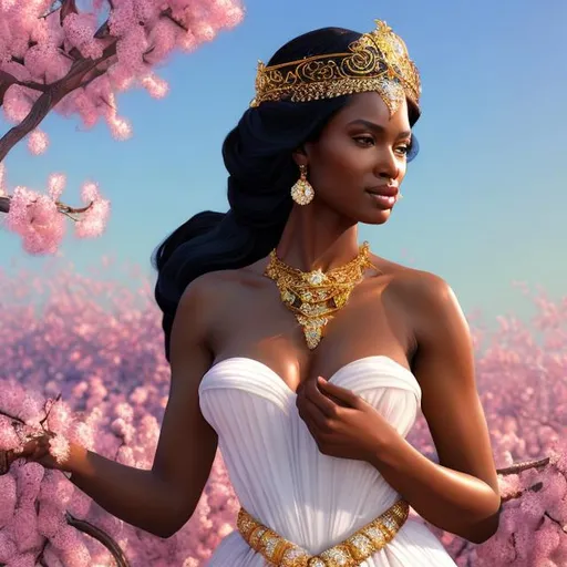 Prompt: HD 4k 3D, hyper realistic, professional modeling, ethereal  Greek goddess of fruit trees, shiny black hair, brown skin, gorgeous face, gorgeous tree dress, shining jewelry and tiara, full body, ambient shining glow, sheep in orchard, landscape, detailed, elegant, ethereal, mythical, Greek, goddess, surreal lighting, majestic, goddesslike aura