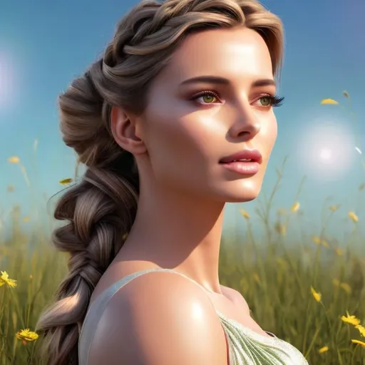 Prompt: HD 4k 3D 8k professional modeling photo hyper realistic beautiful woman ethereal greek goddess of excuses
gray french braid hair green eyes brown skin gorgeous face shimmering dress shiny jewelry headband laying in meadow full body surrounded by ambient glow hd landscape background she is lazing in a summer meadow bathed in sunshine with goats
