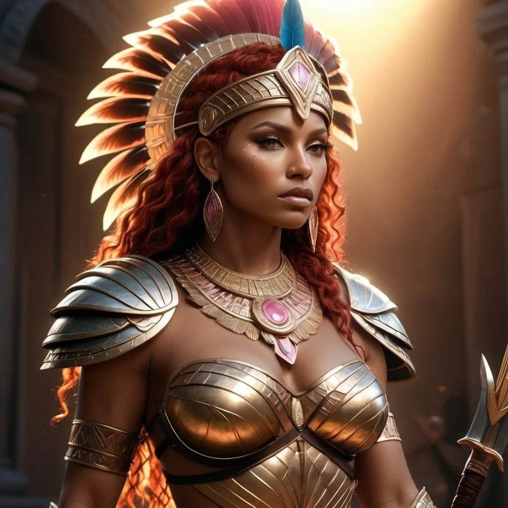 Prompt: HD 4k 3D, 8k, hyper realistic, professional modeling, ethereal Greek Goddess and Amazonian Queen, red hair, brown skin, gorgeous glowing face, Amazonian Warrior scales armor, pink jewelry and headpiece, Amazon warrior, tattoos, full body, sword and shield, african savannah, surrounded by ambient divine glow, detailed, elegant, mythical, surreal dramatic lighting, majestic, goddesslike aura