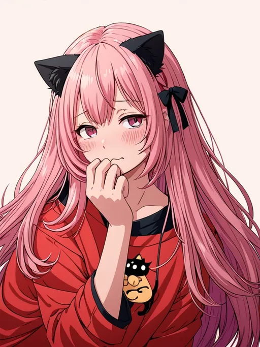 Prompt: anime, girl, detailed, pink hair, shy, cat ears, very detailed