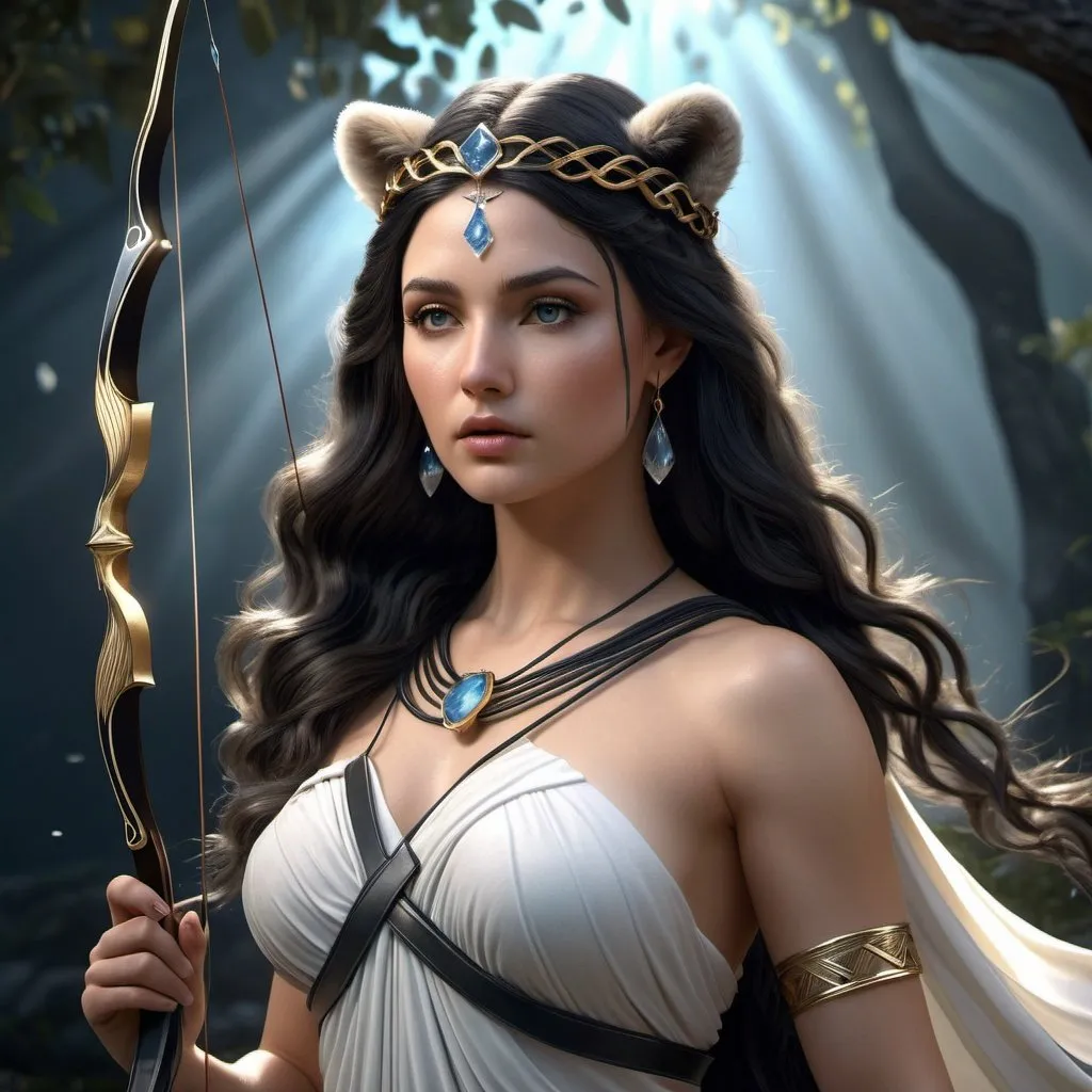 Prompt: HD 4k 3D, 8k, hyper realistic, professional modeling, ethereal Greek Goddess Heroine Atalanta, long black flowing hair, white skin, gorgeous glowing face, huntress tunic, gray gemstone jewelry and tiara, bow and arrows, bear companion, wilderness, surrounded by ambient divinity glow, detailed, elegant, mythical, surreal dramatic lighting, majestic, goddesslike aura